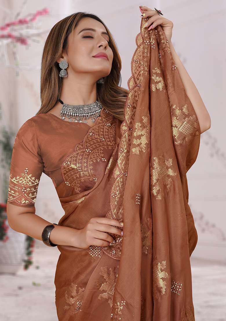 Rust Embroidery Work Silk Blend Saree Set - Indya