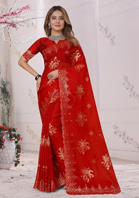 Red Embroidery Work Silk Saree Set