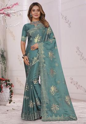Dusty Sky Embroidery Work Silk Saree Set