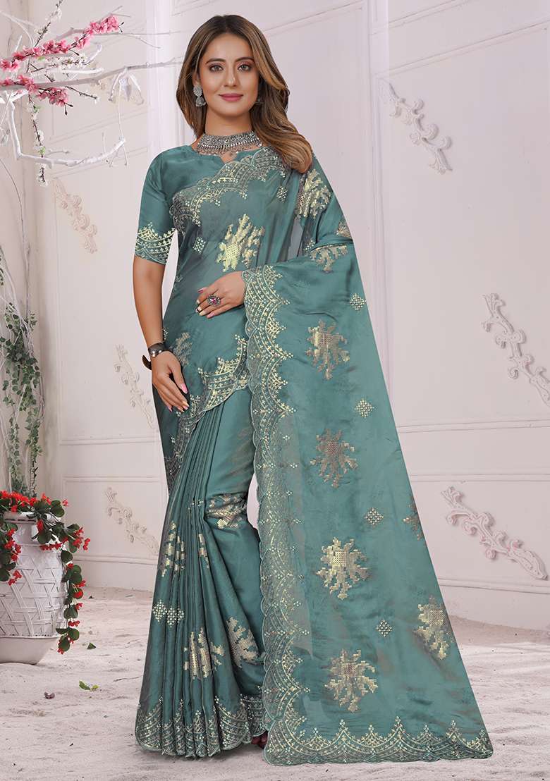 Dusty Sky Embroidery Work Silk Saree Set - Indya