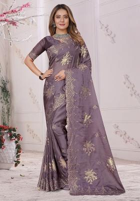 Lavender Embroidery Work Silk Saree Set