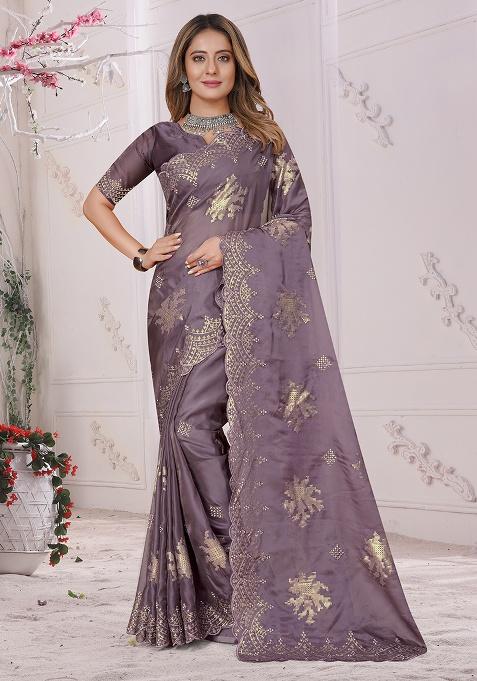 Lavender Embroidery Work Silk Saree Set