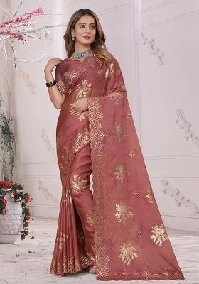 Rose Peach Embroidery Work Silk Saree Set