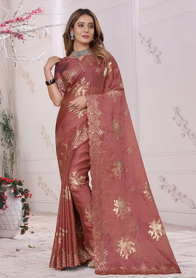 Rose Peach Embroidery Work Silk Blend Saree Set - Indya