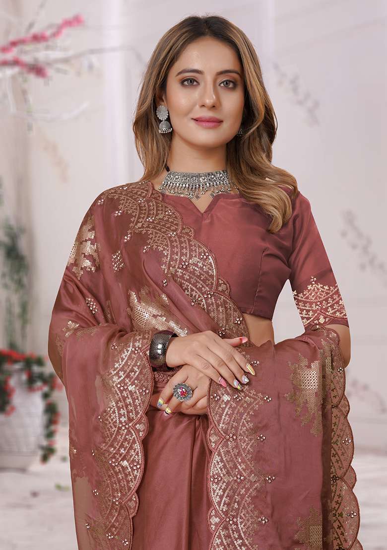 Rose Peach Embroidery Work Silk Blend Saree Set - Indya