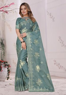 Dusty Firozi Embroidery Work Silk Saree Set