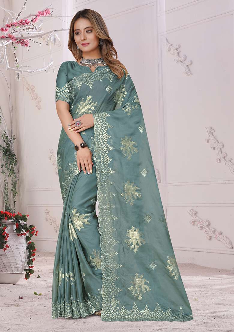 Dusty Firozi Embroidery Work Silk Saree Set - Indya