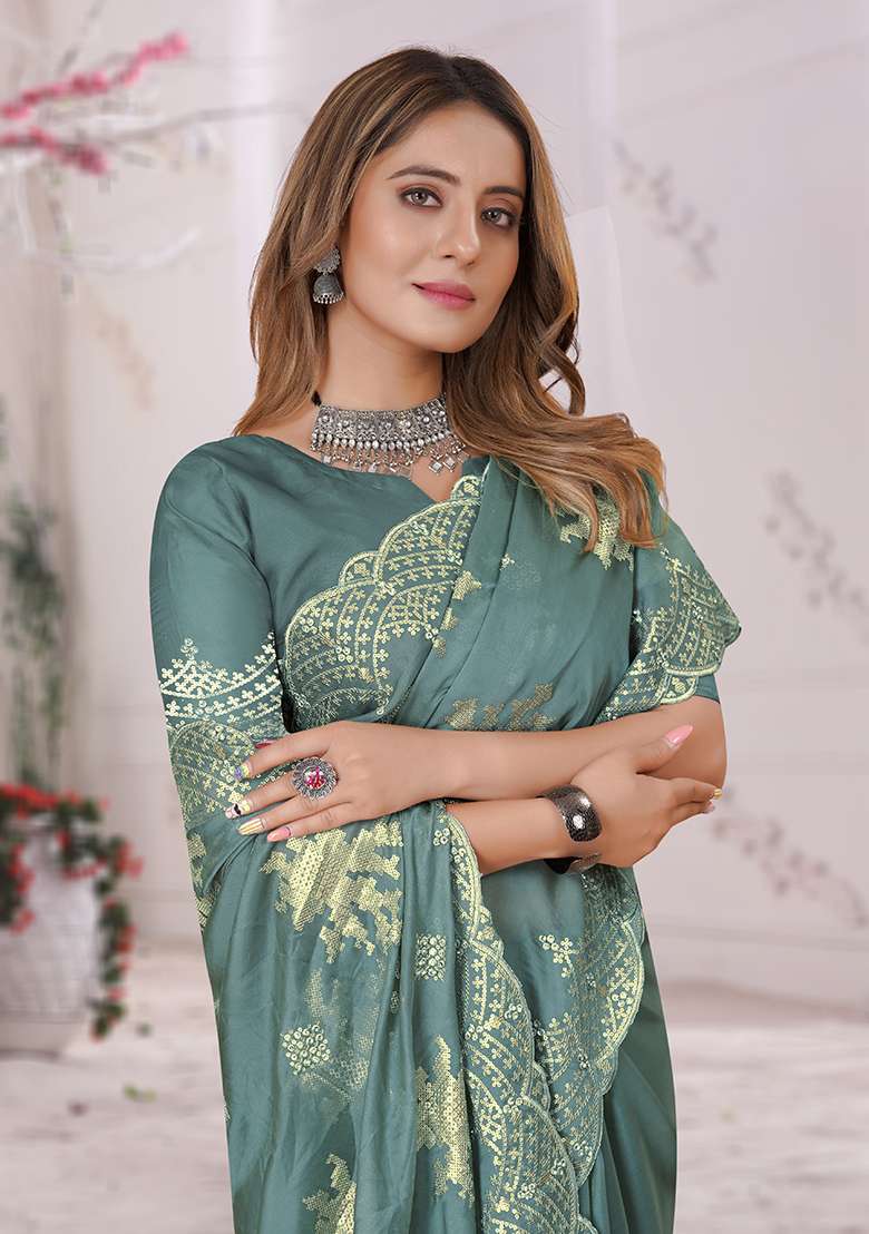 Dusty Firozi Embroidery Work Silk Saree Set - Indya