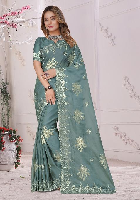 Dusty Firozi Embroidery Work Silk Saree Set