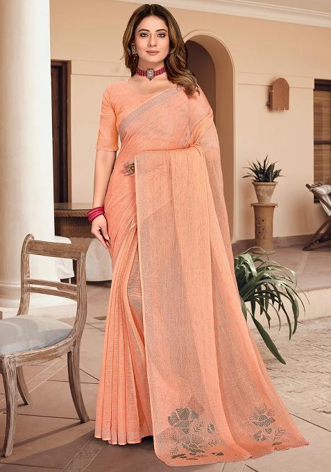 Peach Fix Stonework Silk Saree Set