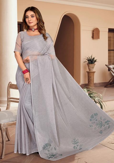 Grey Fix Stonework Silk Saree Set