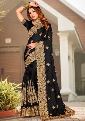 Black Fix Stonework Satin Saree Set