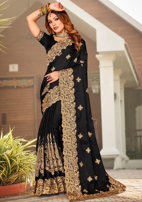 Black Fix Stonework Satin Saree Set