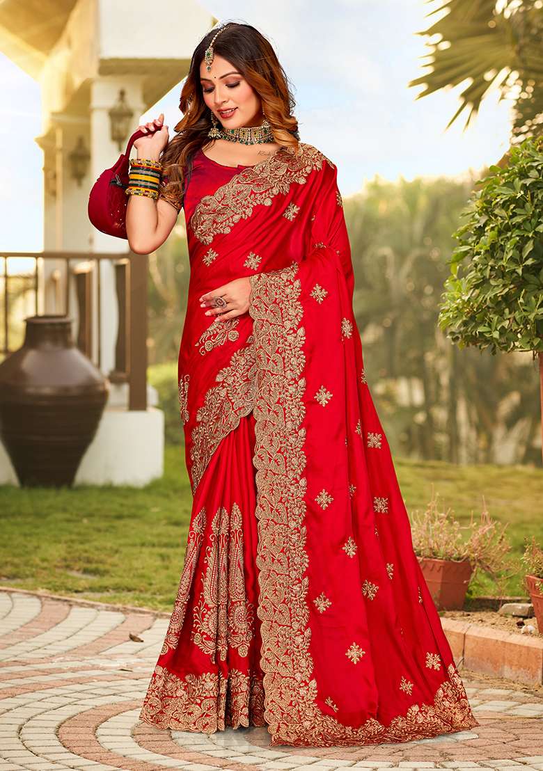 Red Embroidery Work Satin Saree Set - Indya