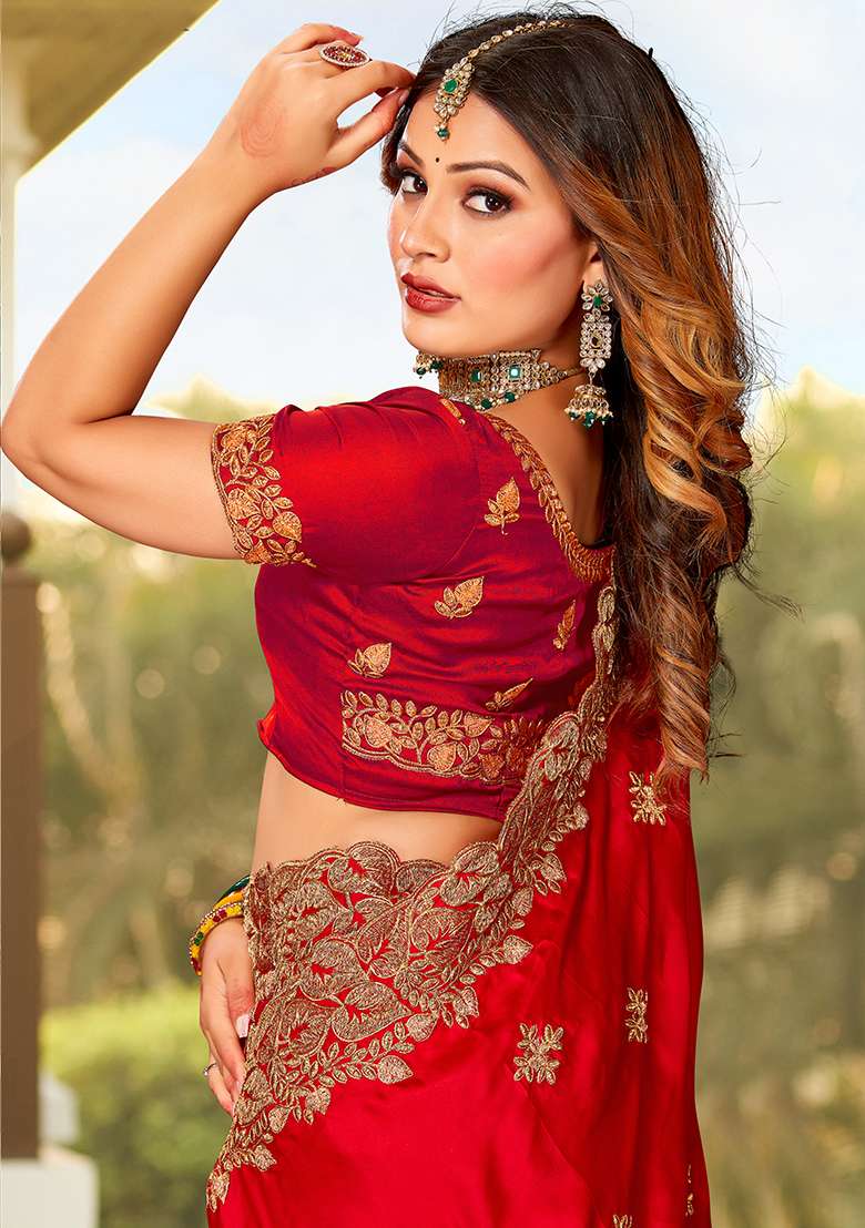 Red Embroidery Work Satin Saree Set - Indya