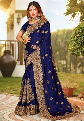 Navy Embroidery Work Satin Saree Set