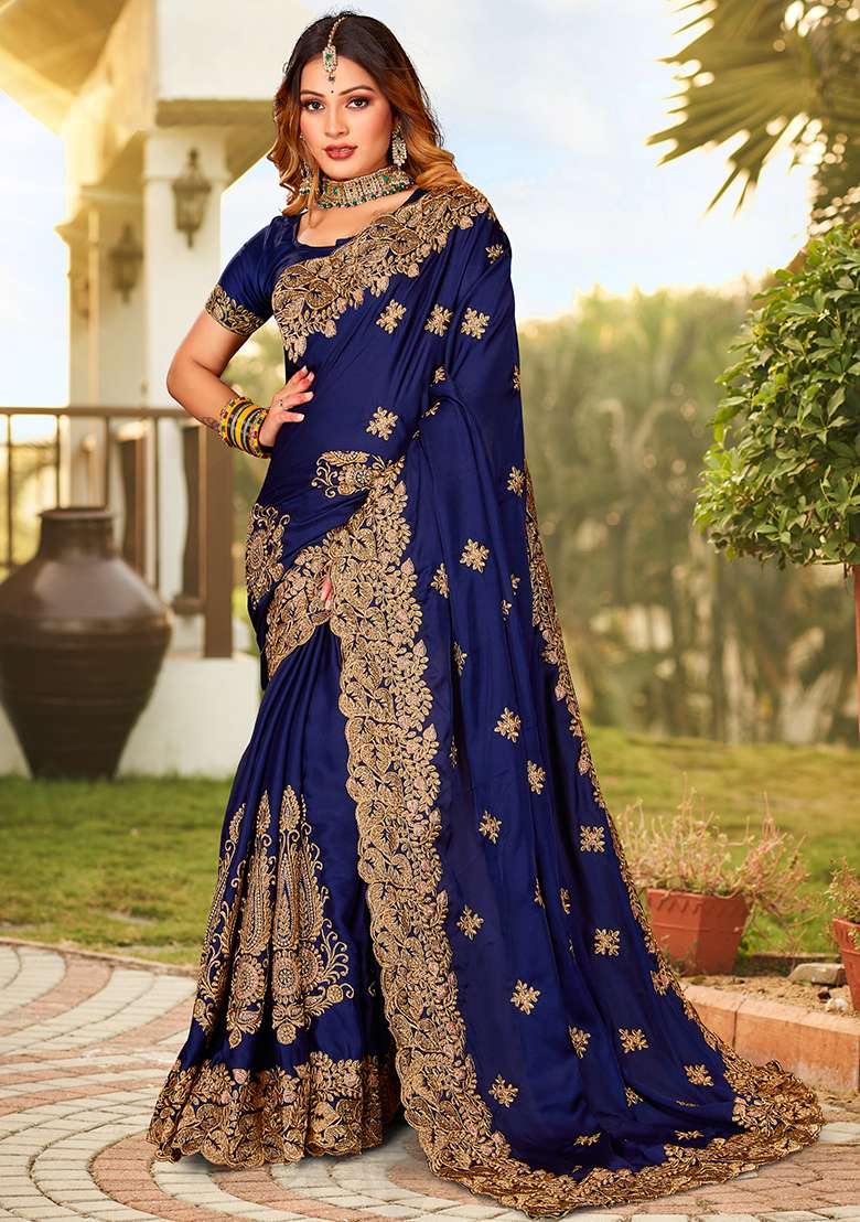 Navy Embroidery Work Satin Saree Set - Indya