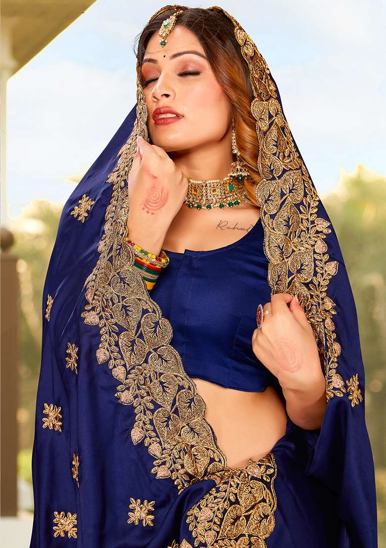 Navy Embroidery Work Satin Saree Set - Indya