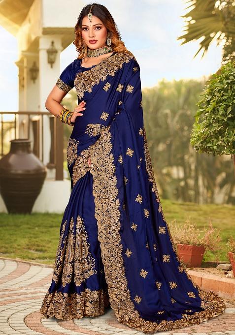Navy Embroidery Work Satin Saree Set