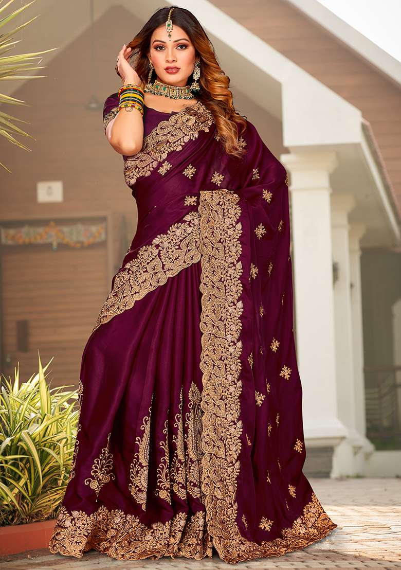 Wine Embroidery Work Satin Saree Set - Indya
