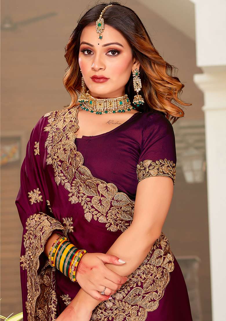 Wine Embroidery Work Satin Saree Set - Indya