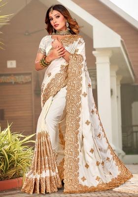 Off White Embroidery Work Satin Saree Set