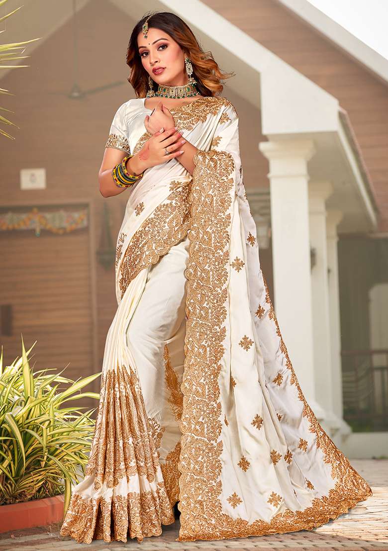 Off White Embroidery Work Satin Saree Set - Indya