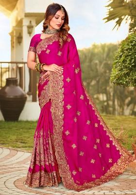 Rani Embroidery Work Satin Saree Set