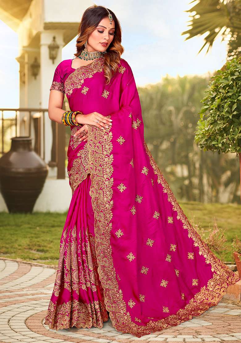 Rani Embroidery Work Satin Saree Set - Indya