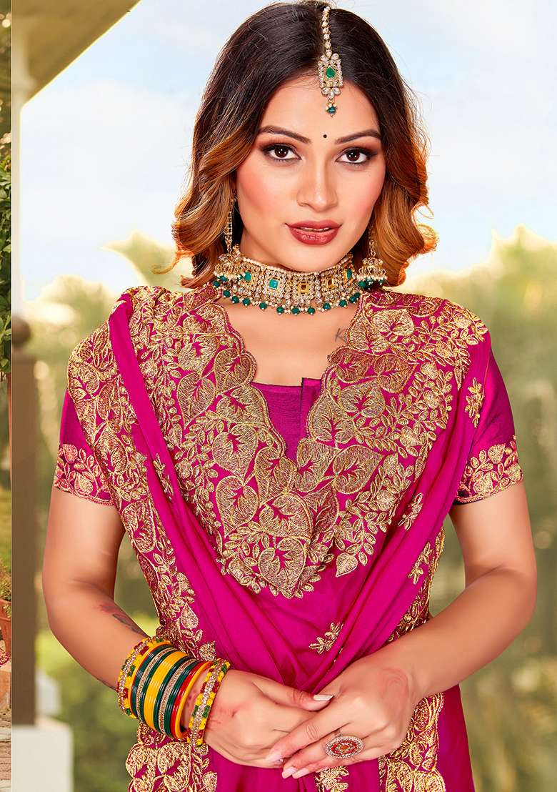 Rani Embroidery Work Satin Saree Set - Indya