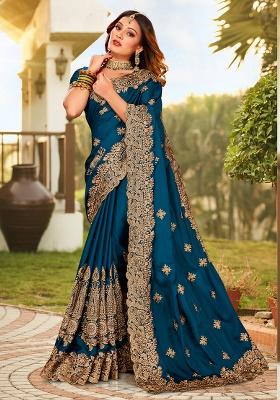 Morpeach Embroidery Work Satin Saree Set