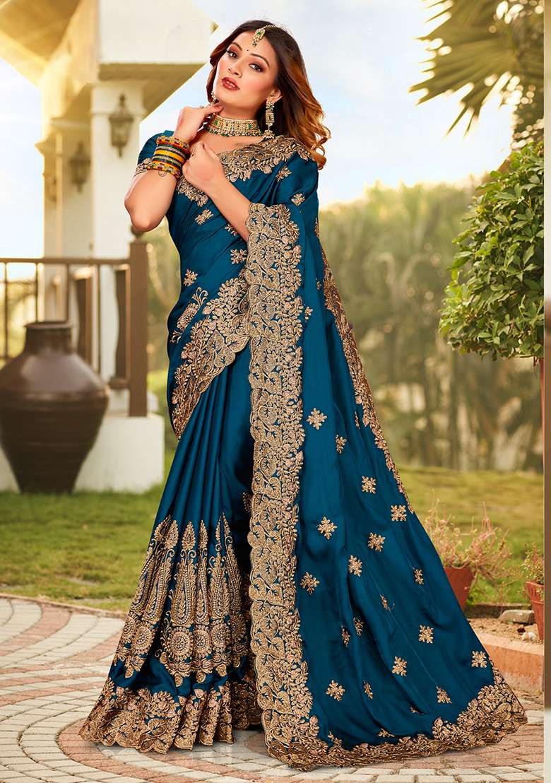 Morpeach Embroidery Work Satin Saree Set - Indya