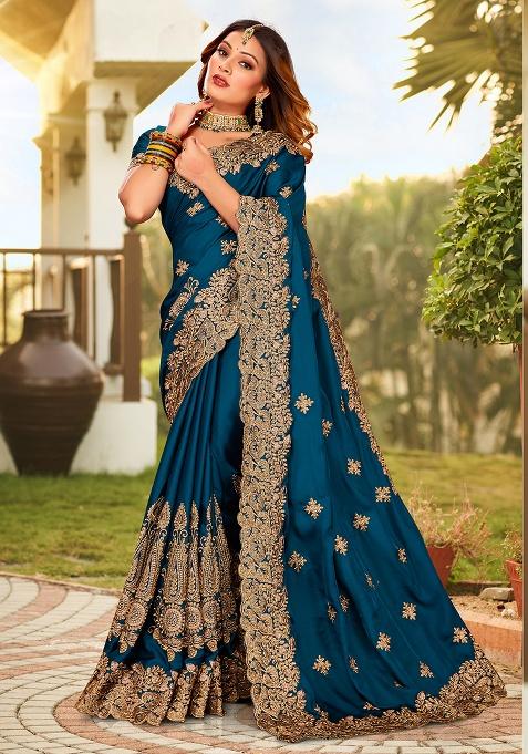 Morpeach Embroidery Work Satin Saree Set