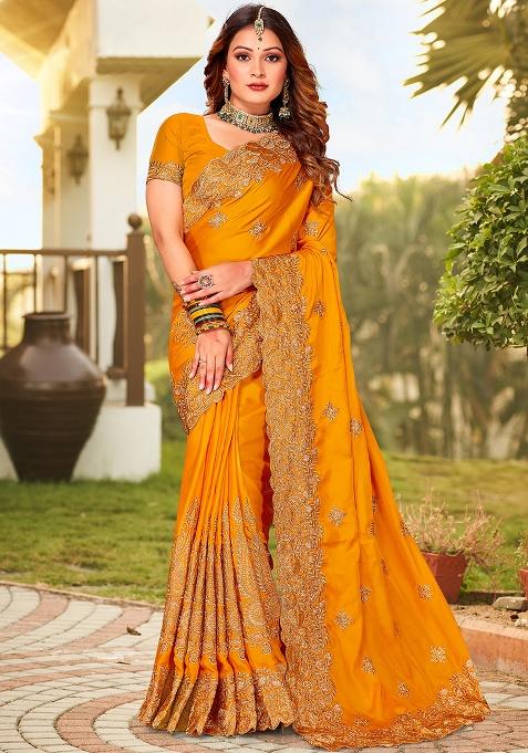 Mustard Embroidery Work Satin Saree Set
