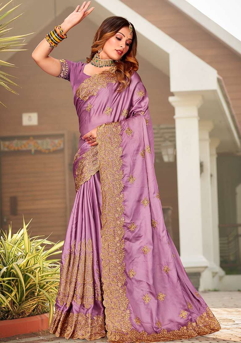 Dusty Gajari Embroidery Work Satin Saree Set - Indya