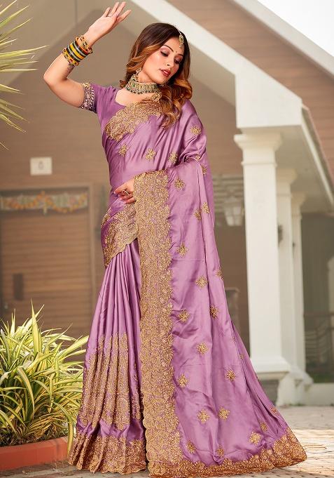 Dusty Gajari Embroidery Work Satin Saree Set