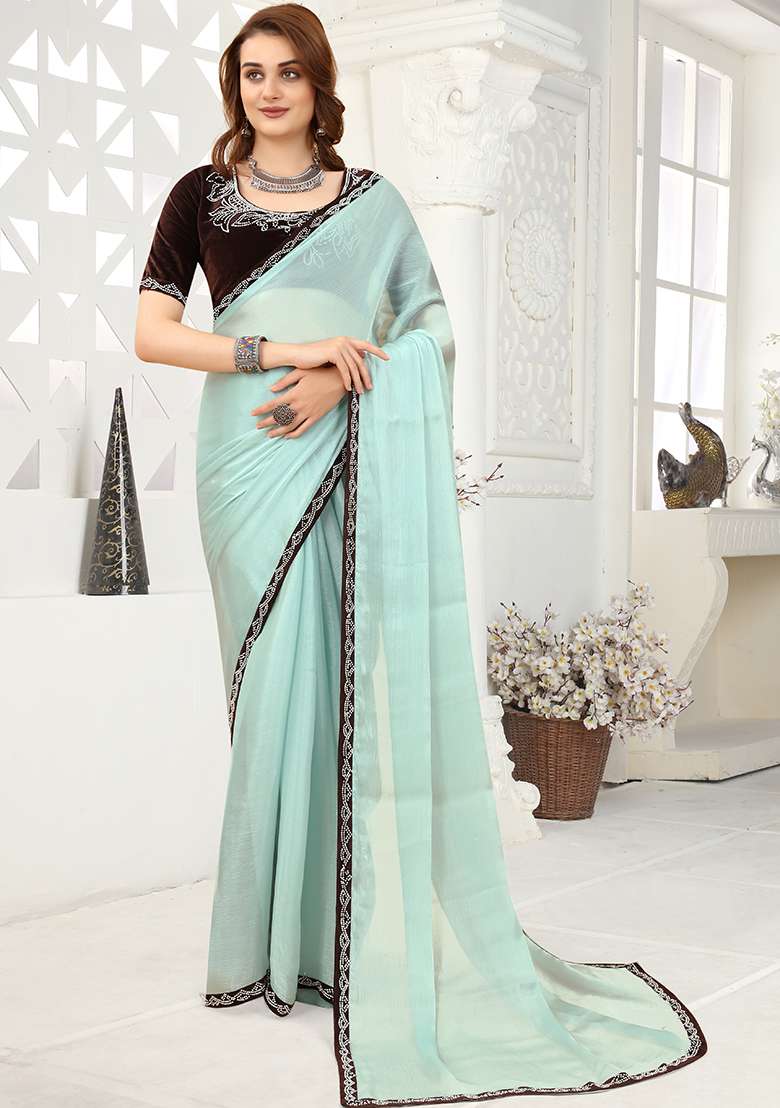 Blue Zarkan Border Organza Saree Set - Indya