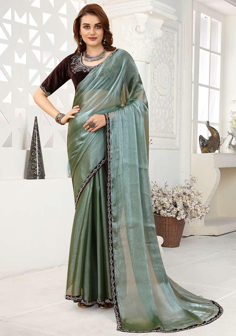 See Green Zarkan Border Organza Saree Set - Indya