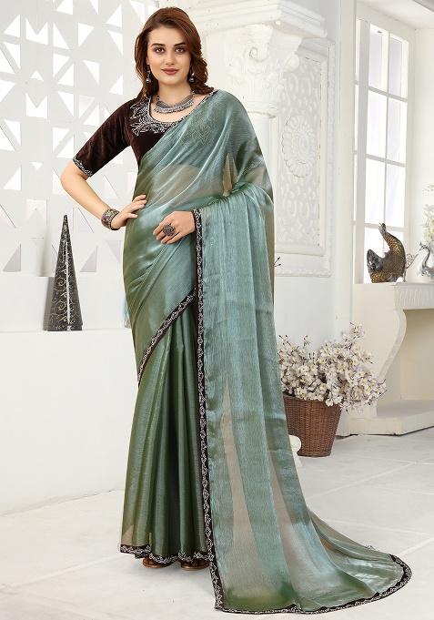 See Green Zarkan Border Organza Saree Set