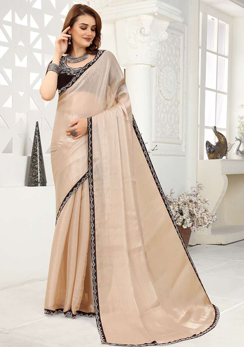 Cream Zarkan Border Organza Saree Set - Indya