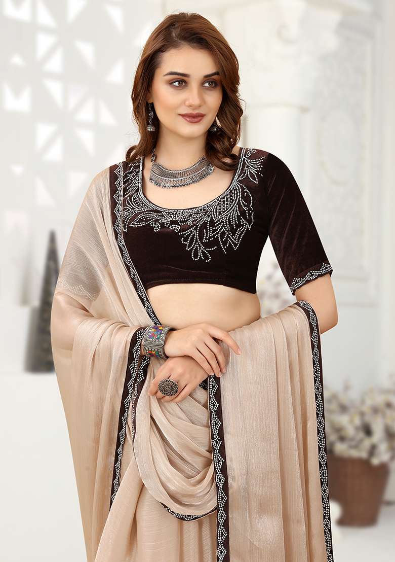 Cream Zarkan Border Organza Saree Set - Indya