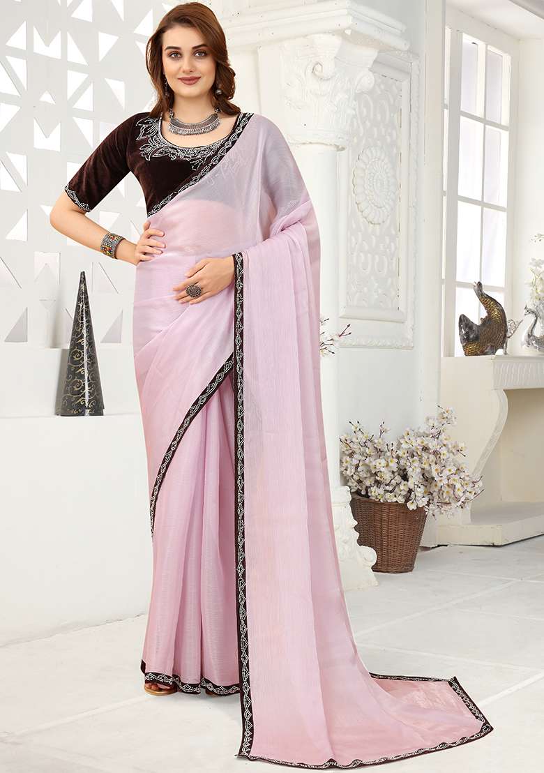 Pink Zarkan Border Organza Saree Set - Indya