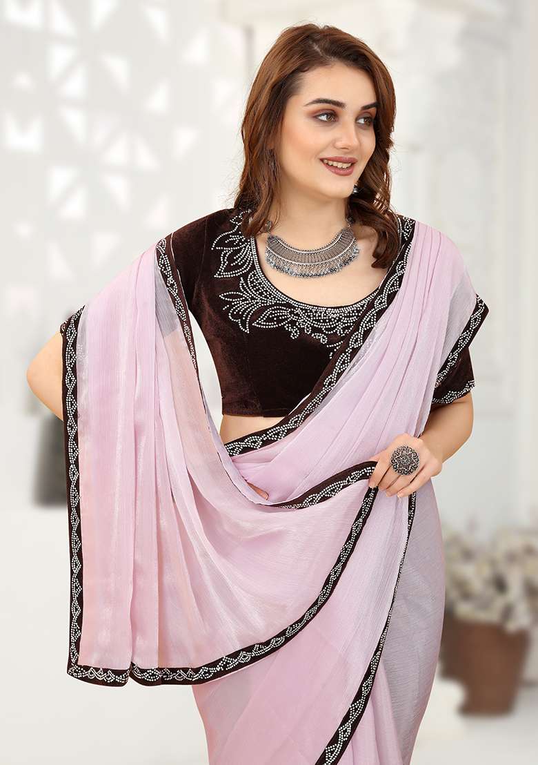 Pink Zarkan Border Organza Saree Set - Indya