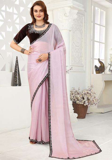 Pink Zarkan Border Organza Saree Set