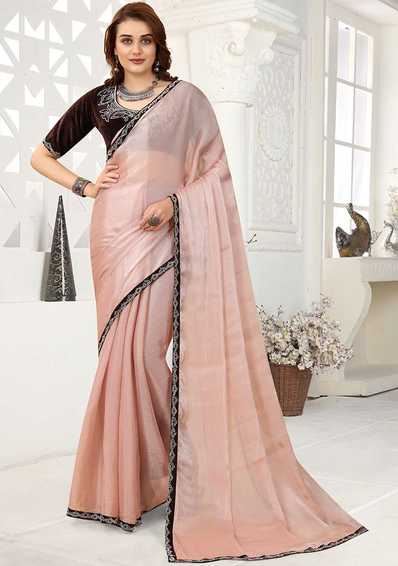 Peach Zarkan Border Organza Saree Set - Indya