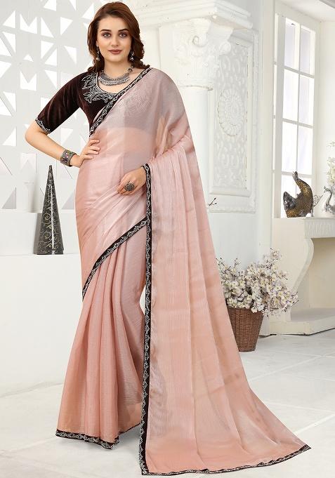 Peach Zarkan Border Organza Saree Set