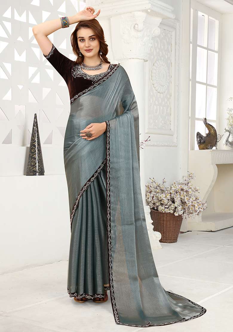 Grey Zarkan Border Organza Saree Set - Indya