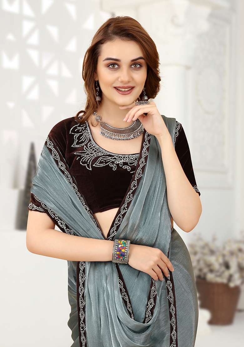 Grey Zarkan Border Organza Saree Set - Indya
