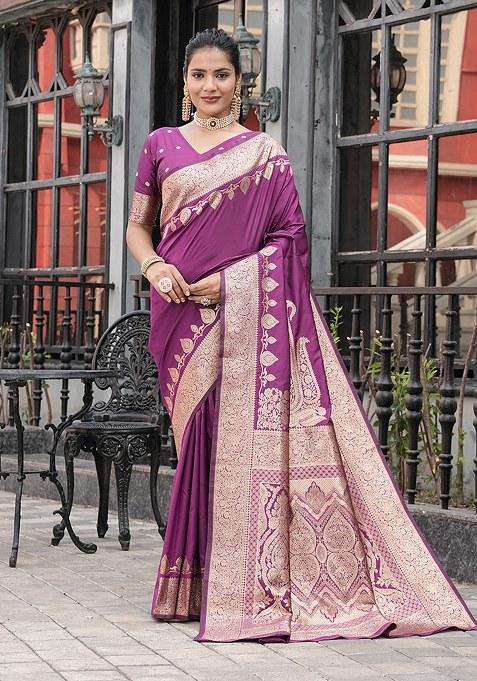 Purple Woven Design Silk Saree Set
