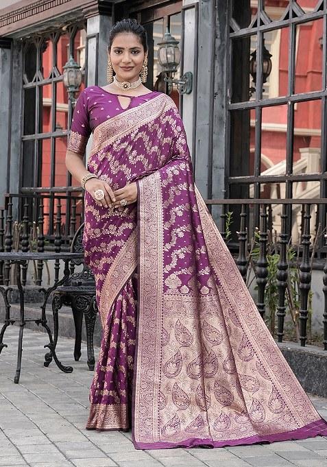 Purple Woven Design Silk Saree Set